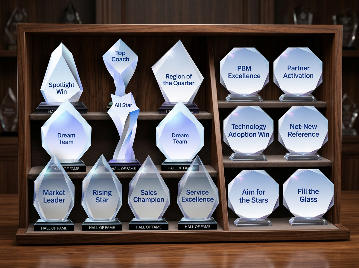 Collection of new glass-like Hall of Fame trophies